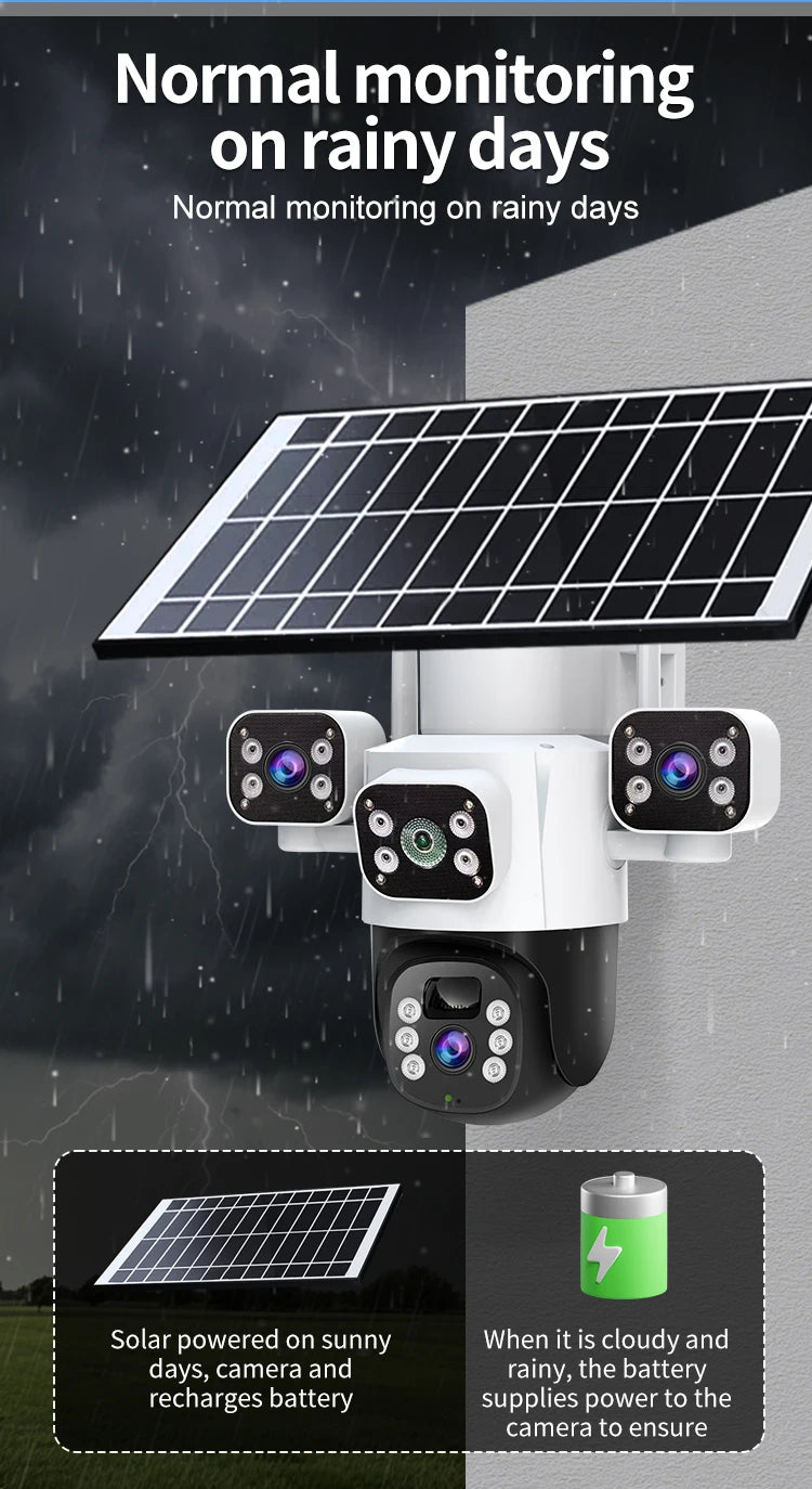 Cámara IP WiFi solar de 12 MP, CCTV con tres lentes y tres pantallas, seguimiento automático, vigilancia exterior 6K 4G, cámara PTZ, protección de seguridad