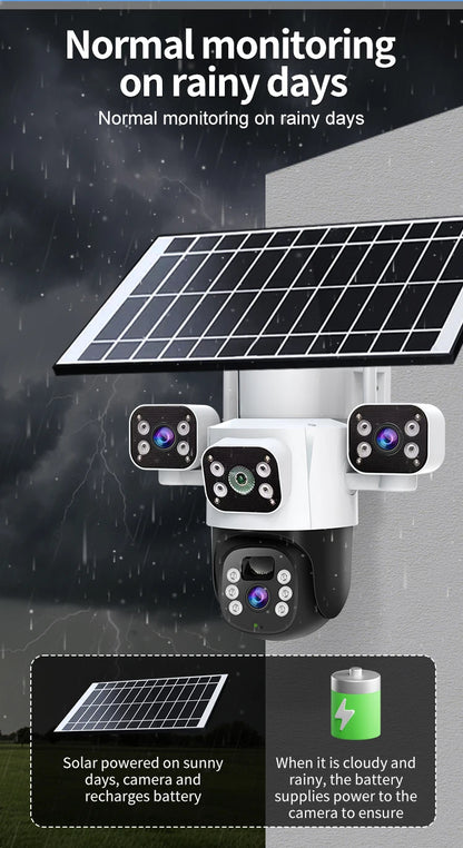 Cámara IP WiFi solar de 12 MP, CCTV con tres lentes y tres pantallas, seguimiento automático, vigilancia exterior 6K 4G, cámara PTZ, protección de seguridad