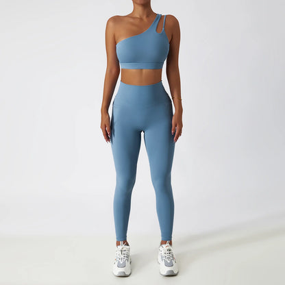 Ctenkevet - Conjunto deportivo de 2 piezas para mujer, sujetador sexy de un solo hombro, ropa deportiva femenina, conjunto de gimnasio para fitness, traje de yoga de secado rápido