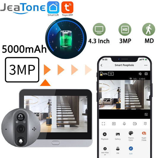 Pantalla IPS de 4,3'', aplicación Smart Life/Tuya, 2,4G, 3MP, wifi inalámbrico, videoportero, timbre con sensor PIR, monitorización visual de alta definición