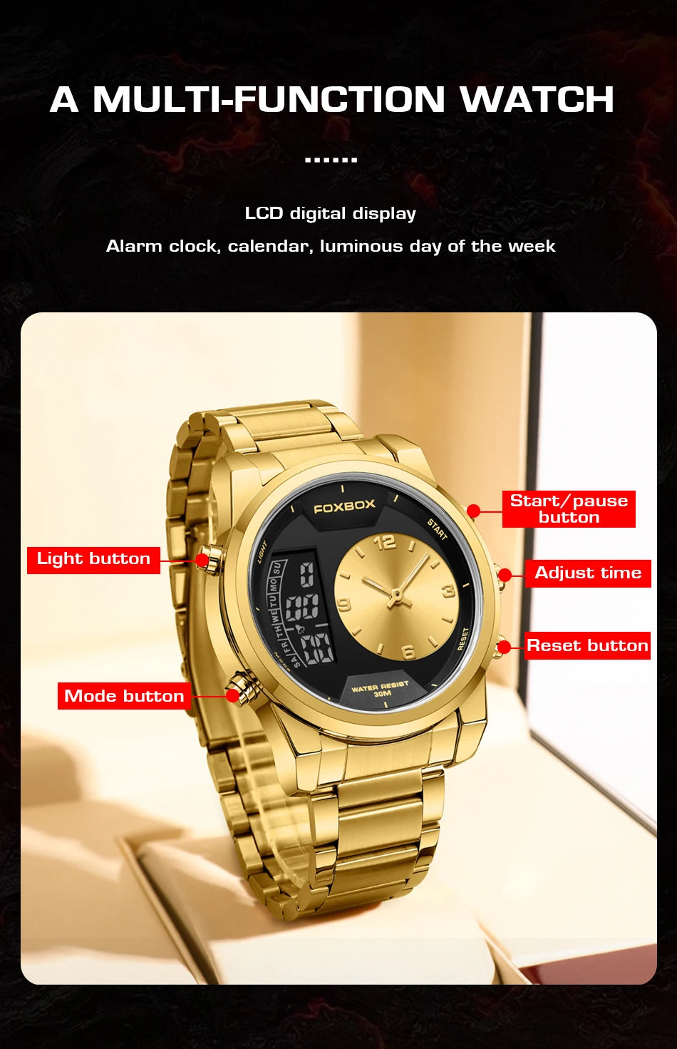 LIGE - Reloj digital de moda para hombre, deportivo, informal, resistente al agua, de cuarzo, cronógrafo de lujo, marca FOXBOX
