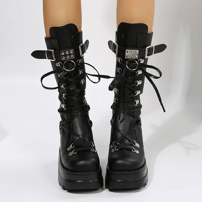Women's Goth Platform Motorcycle Boots Punk Rivet Buckle Strap Combat Booties for Women Thick Bottom Wedge Heels Mid Calf Boots