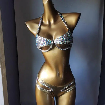 Sparkling Rhinestones Swimsuit for Women Padded Bathing Suit Halterneck Swimsuit