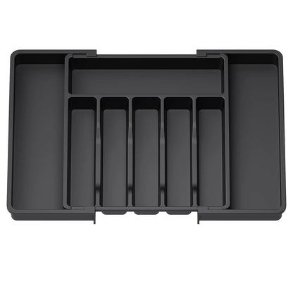 Organizador de cubiertos ajustable con divisores, bandeja de plástico para cucharas, tenedores y cuchillos.
