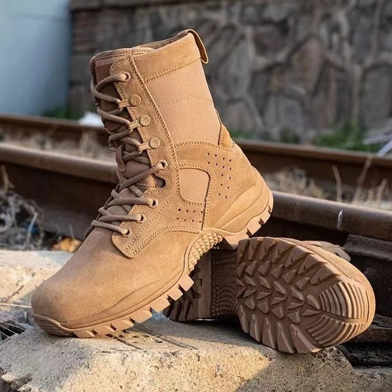Botas impermeables de piel de vacuno para hombre, ideales para senderismo, escalada y actividades al aire libre en verano. Resistentes al desgaste, antideslizantes y con cremallera lateral. Diseño moderno con cordones.