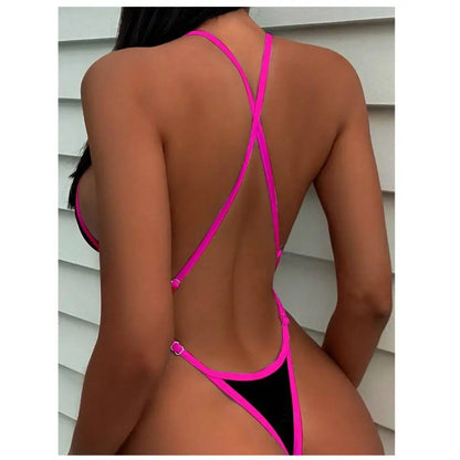 Traje de baño de una pieza con cuello halter y ribete en contraste para mujer, traje de baño sexy para playa de verano