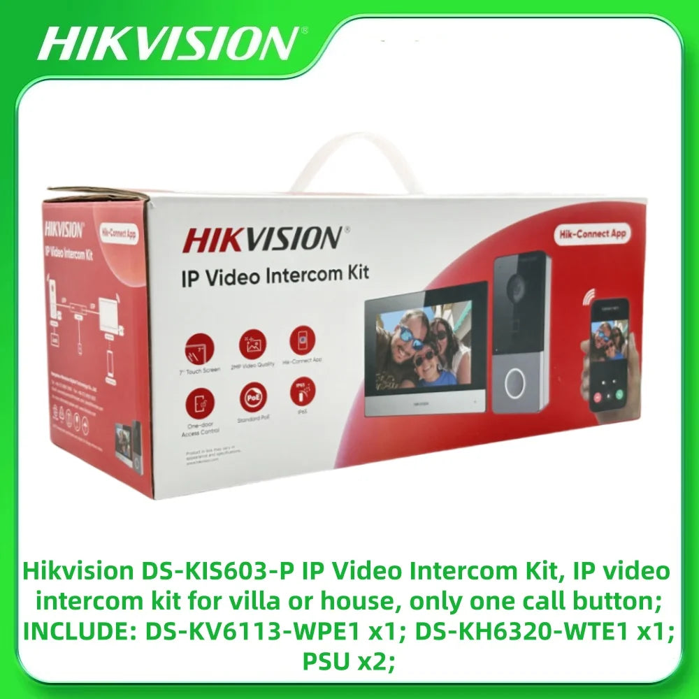 Kit de videoportero Hikvision DS-KIS603-P(C), estación de puerta para villa DS-KV6113-WPE1(C) PoE/Wifi, estación interior basada en IP DS-KH6320-WTE1