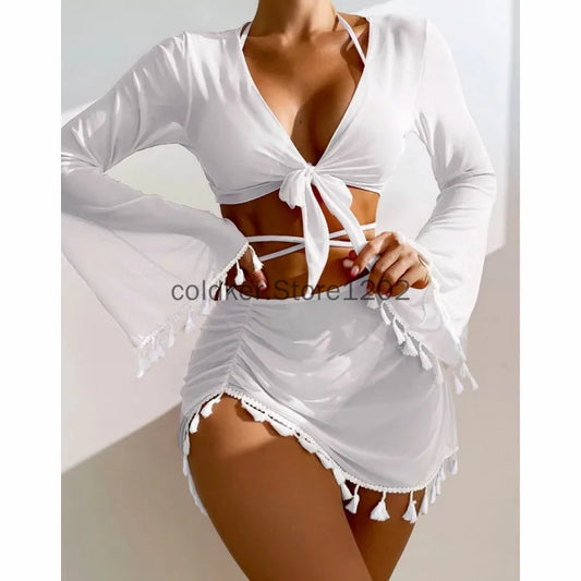 4 Piece Swimming Suit Women Beach Wear Solid Tassel Cover Up Mesh Mini Skirt Bikinis Set Cute Swimming Pool Outfit Summer