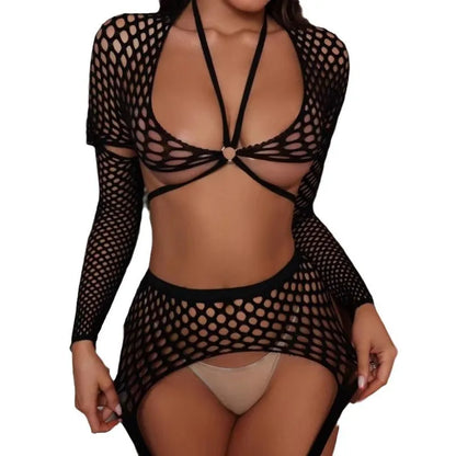 Nuevo conjunto de medias de pesca para mujer, perspectiva de red, manga larga, sin tirantes, entrepierna abierta, sexy, ajustado, seductor, con liguero.