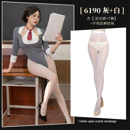 Porno Role Playing Teacher Uniform Temptation Halter Dress Sexy Lingerie Temptation High Waist Side Slit Cosplay Costumes 2025