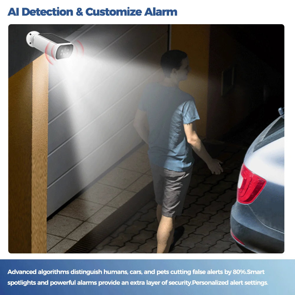 Cámara solar exterior ALEVIO, cámara de seguridad inalámbrica WiFi, 2.5K, ultra larga duración en espera, luz PIR, visión nocturna a color, detección por IA.