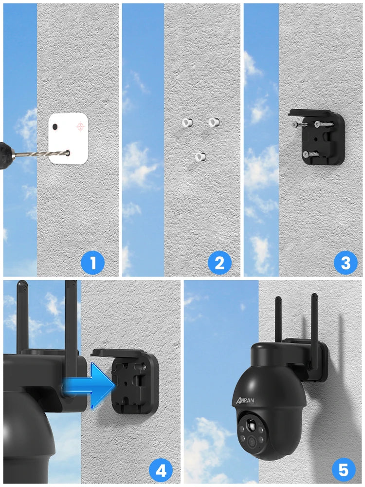 Cámara de seguridad inalámbrica solar ANRAN de 3 MP para exteriores con WiFi, audio bidireccional, resistente al agua IP66, visualización remota, flash y foco.