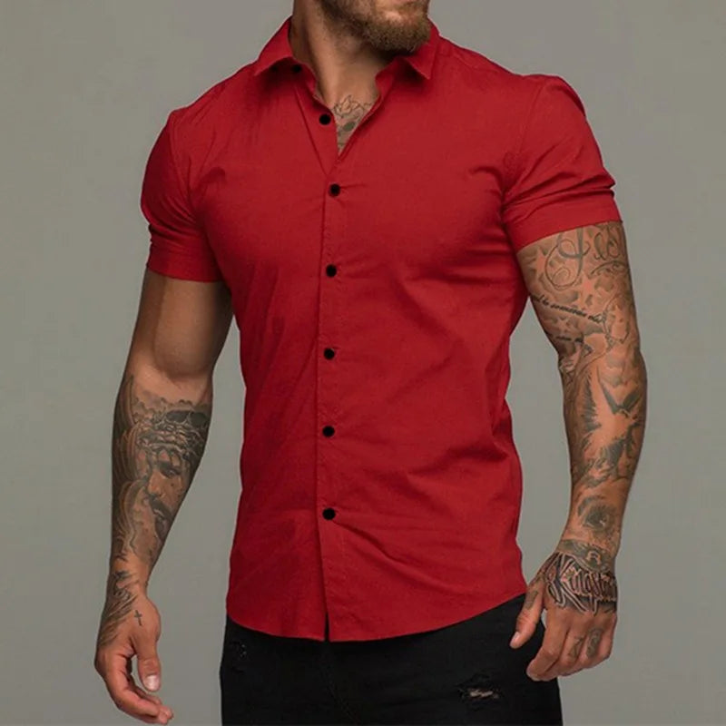 Camisas de vestir ajustadas para hombre, estilo casual de verano, con cuello vuelto, manga corta y botones LXDZ-110