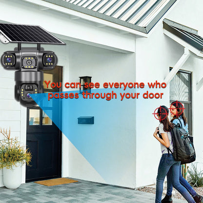 Cámara solar WiFi V380 Pro de 15 MP con 3 lentes, 3 pantallas, zoom 10x, detección de movimiento, resistente al agua, visión nocturna y protección CCTV.