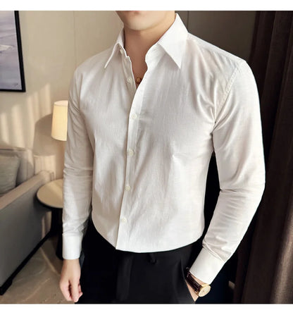 Camisa de hombre de color liso de alta calidad, 55 % algodón y 45 % lino, transpirable y con absorción de sudor, de manga larga. Tallas M-4XL.