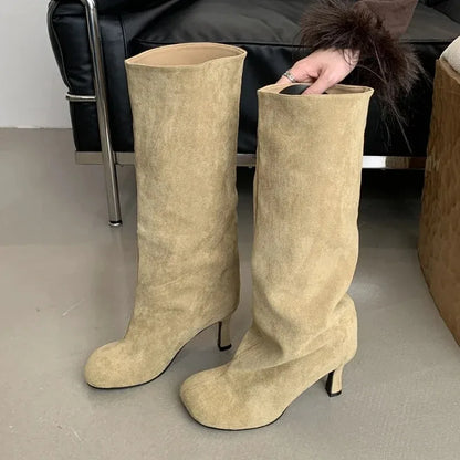 Botas de lujo para mujer, botas de invierno con punta redonda y tacón alto hasta la rodilla, estilo punk, botines largos para mujer