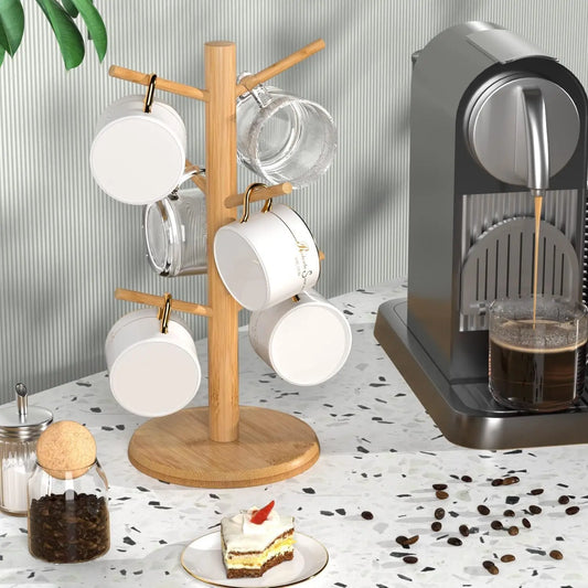 Portavasos de bambú con 6 ganchos para tazas de café, resistente soporte para tazas, ideal para organizar mostradores y ahorrar espacio.