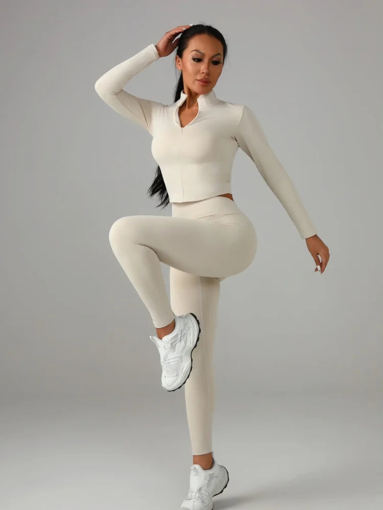 Conjunto deportivo de color liso para mujer: camiseta de manga larga y pantalón de yoga, chándal transpirable de secado rápido.