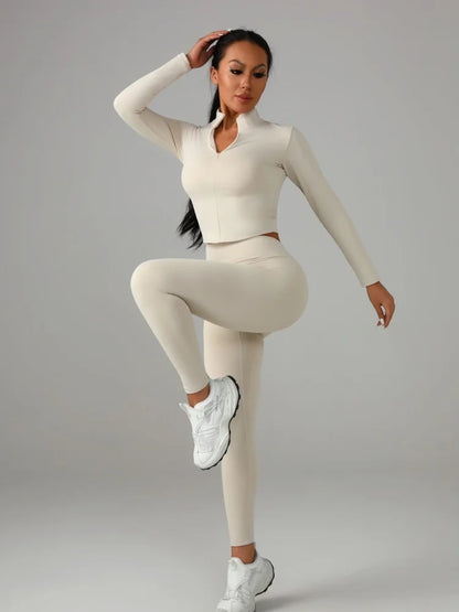 Conjunto deportivo de color liso para mujer: camiseta de manga larga y pantalón de yoga, chándal transpirable de secado rápido.
