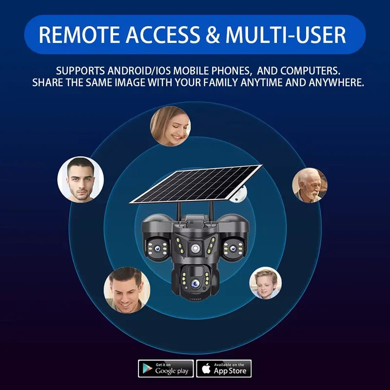 Cámara de vigilancia solar 8K 15MP con tres pantallas, WiFi, seguimiento automático, PTZ, tarjeta SIM 4G, cámara IP solar inalámbrica V380 Pro