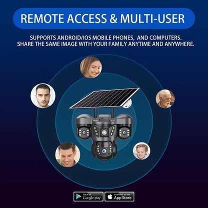 Cámara de vigilancia solar 8K 15MP con tres pantallas, WiFi, seguimiento automático, PTZ, tarjeta SIM 4G, cámara IP solar inalámbrica V380 Pro