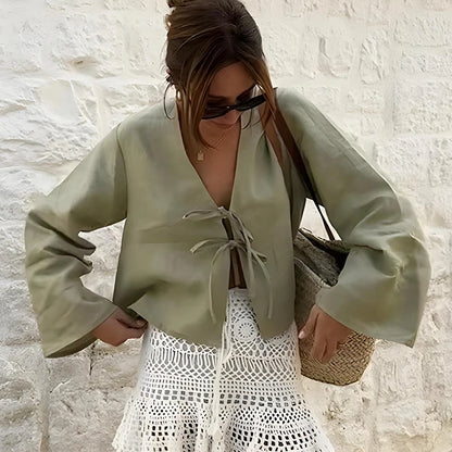 C.New S Camisas de lino y algodón con lazo y cordones para mujer, blusas holgadas de manga larga con cuello en V y aberturas para mujer, ropa de calle nueva de primavera 2024