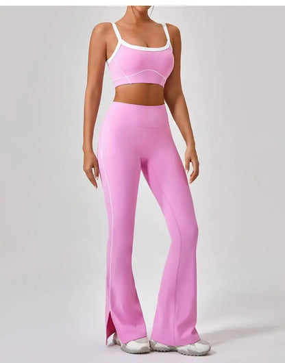 Conjunto deportivo de yoga de verano de 2 piezas con retazos y leggings de cintura alta con abertura para mujer, conjunto de entrenamiento de fitness, chándal deportivo para mujer