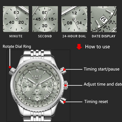 Relojes de lujo LIGE para hombre, cronógrafo con fecha, acero inoxidable, resistente al agua, luminoso, deportivo, militar, de cuarzo