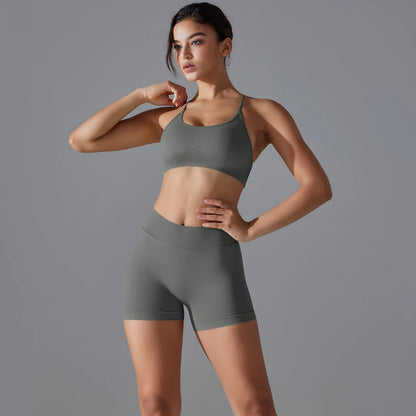 Conjunto deportivo de yoga, mallas de gimnasio de secado rápido, tirantes cruzados con absorción de impactos, pantalones cortos de ciclismo para mujer, entrenamiento de yoga.