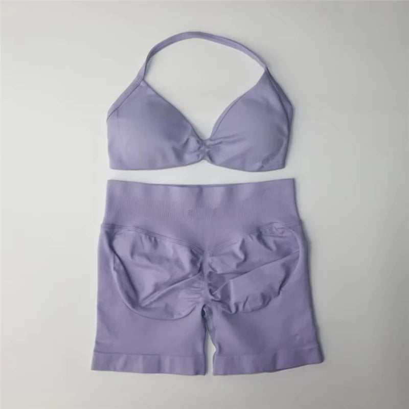Women's Electric Blue Blossom High Stretch Top Sports Bra Shorts Set Comfortable Gym Workout Yoga Active Wear Impact Outfit