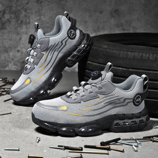 Zapatos de seguridad grises con botón giratorio para hombre. Nuevos zapatos de trabajo antigolpes y antipinchazos para hombre. Zapatos deportivos de seguridad antideslizantes. Zapatillas deportivas para hombre.