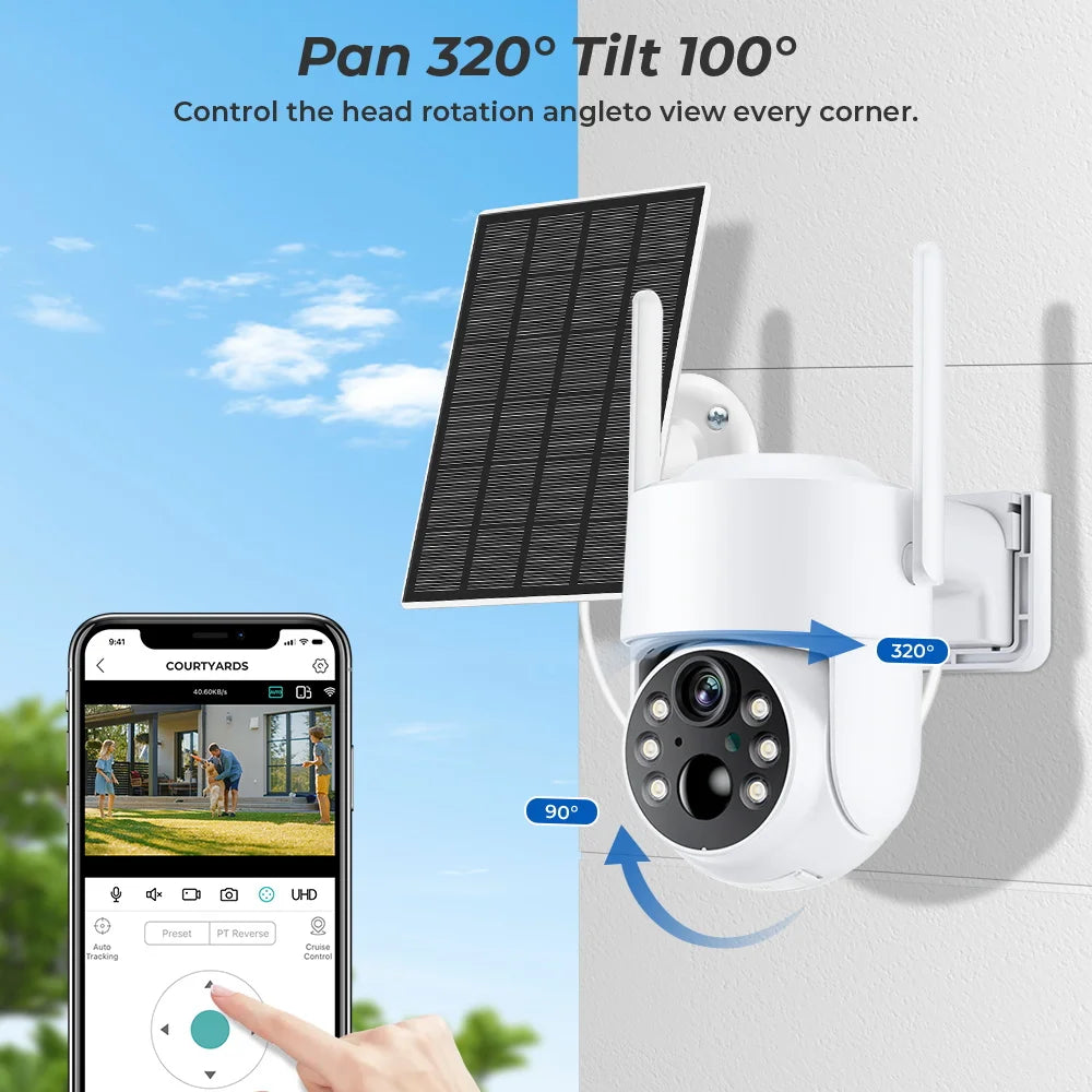 Cámara solar inalámbrica HD de 8 MP para exteriores, WiFi, PTZ, IP, con batería integrada, videovigilancia y larga duración de la batería. Compatible con la aplicación iCsee.