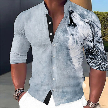 Camisa de manga larga para hombre con estampado abstracto 3D, cuello alto y botones. Diseños de moda urbana. Ropa de hombre.
