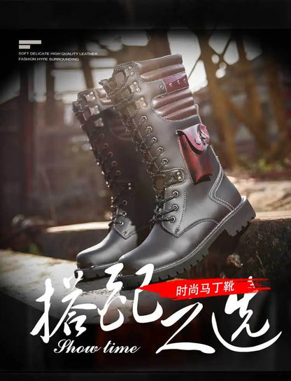 Botas altas de cuero para hombre, estilo motero, de invierno, estilo gótico punk, para hombre, estilo militar informal, para uso exterior.