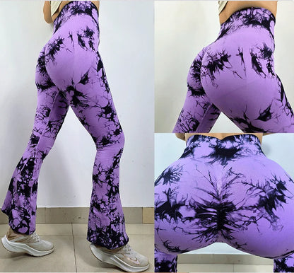 Women Tie Dye Flared Pants Knit Seamless Leggings High Waist Butt Lift Fitness Pants Gym Yoga Cycling Slim Fashion Flared Pants