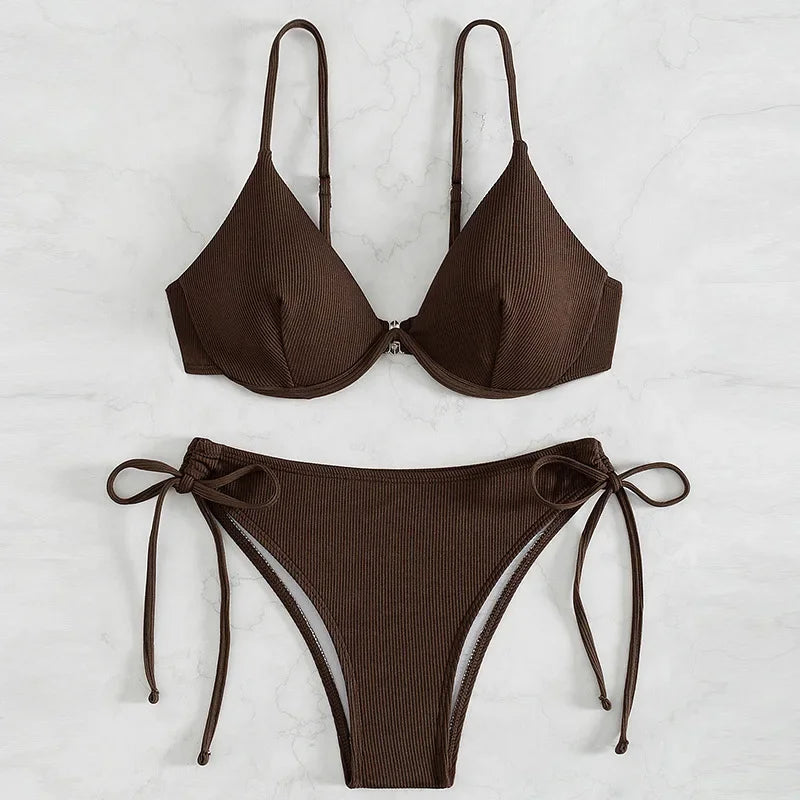 Bikini sexy fruncido sin espalda para mujer, con tirantes de color puro, soporte de acero, traje de baño separable, moda 2024, nuevo modelo, gran oferta