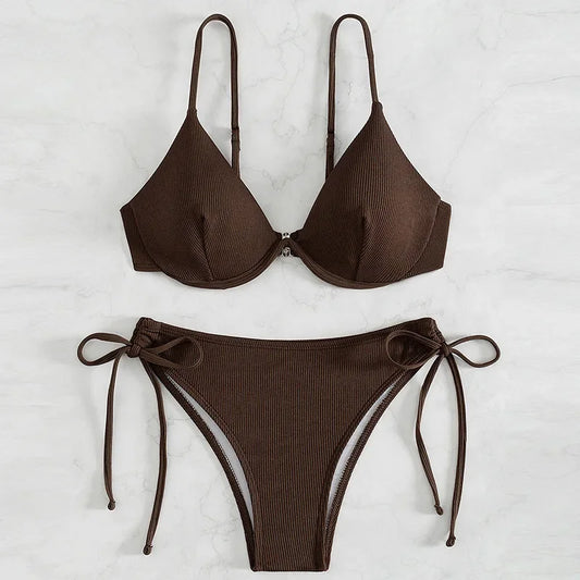 Bikini sexy fruncido sin espalda para mujer, con tirantes de color puro, soporte de acero, traje de baño separable, moda 2024, nuevo modelo, gran oferta
