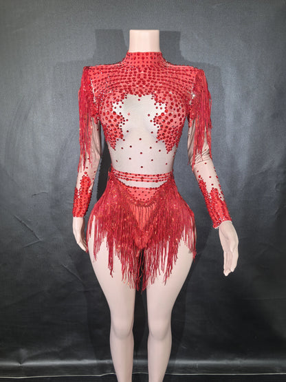Sexy Skinny Leotard Singer Dancer Show StageWear Sparkly Blue Rhinestones Women DanceCostume Fringes One Shoulder Bodysuit  7G