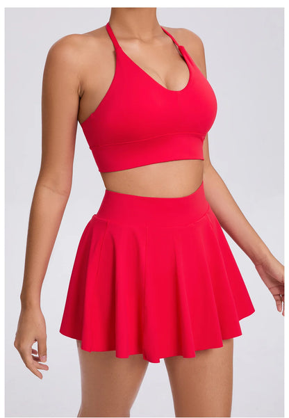 Conjunto de yoga para mujer, sujetador deportivo para exteriores, falda de tenis antiexposición, camiseta sin mangas de yoga transpirable de secado rápido, novedad de 2025