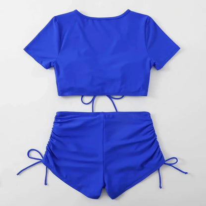 2Pcs/Set Swimsuit for Women Bikini Set V-Neck Short Sleeve Tops High Waist Drawstring Swimming Trunks Quick Drying Swimsuit