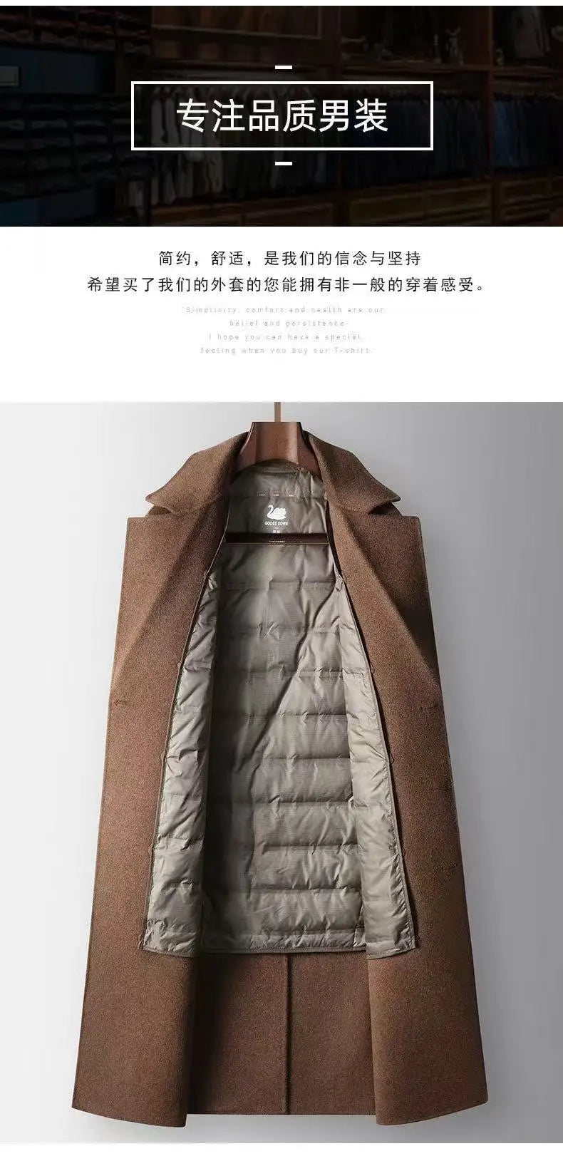 2025 Autumn/Winter New Men's 100% Wool Coat Knee length Double breasted Goose Down Inner Tank Thickened for Warmth