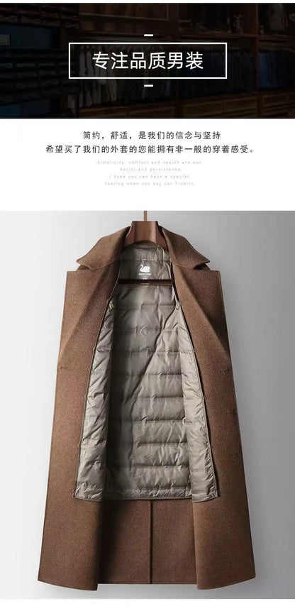 2025 Autumn/Winter New Men's 100% Wool Coat Knee length Double breasted Goose Down Inner Tank Thickened for Warmth