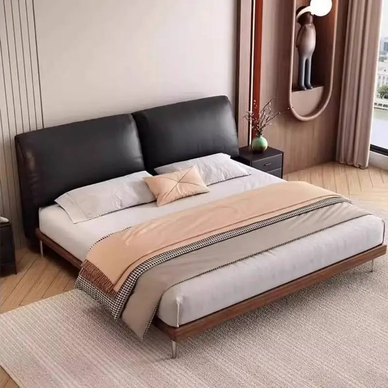 Cama doble europea minimalista con decoración negra, moderna y flexible, tamaño king, de madera, muebles matrimoniales para el hogar