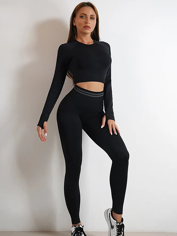 Conjuntos de ropa deportiva de media pieza sin costuras para mujer, conjuntos de gimnasio de manga larga, sujetador deportivo de yoga, leggings push up y mallas deportivas.