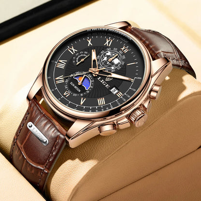 LIGE 2024 - Nuevo reloj de cuero azul para hombre, marca de lujo, resistente al agua, deportivo, con fecha, de cuarzo, Masculino
