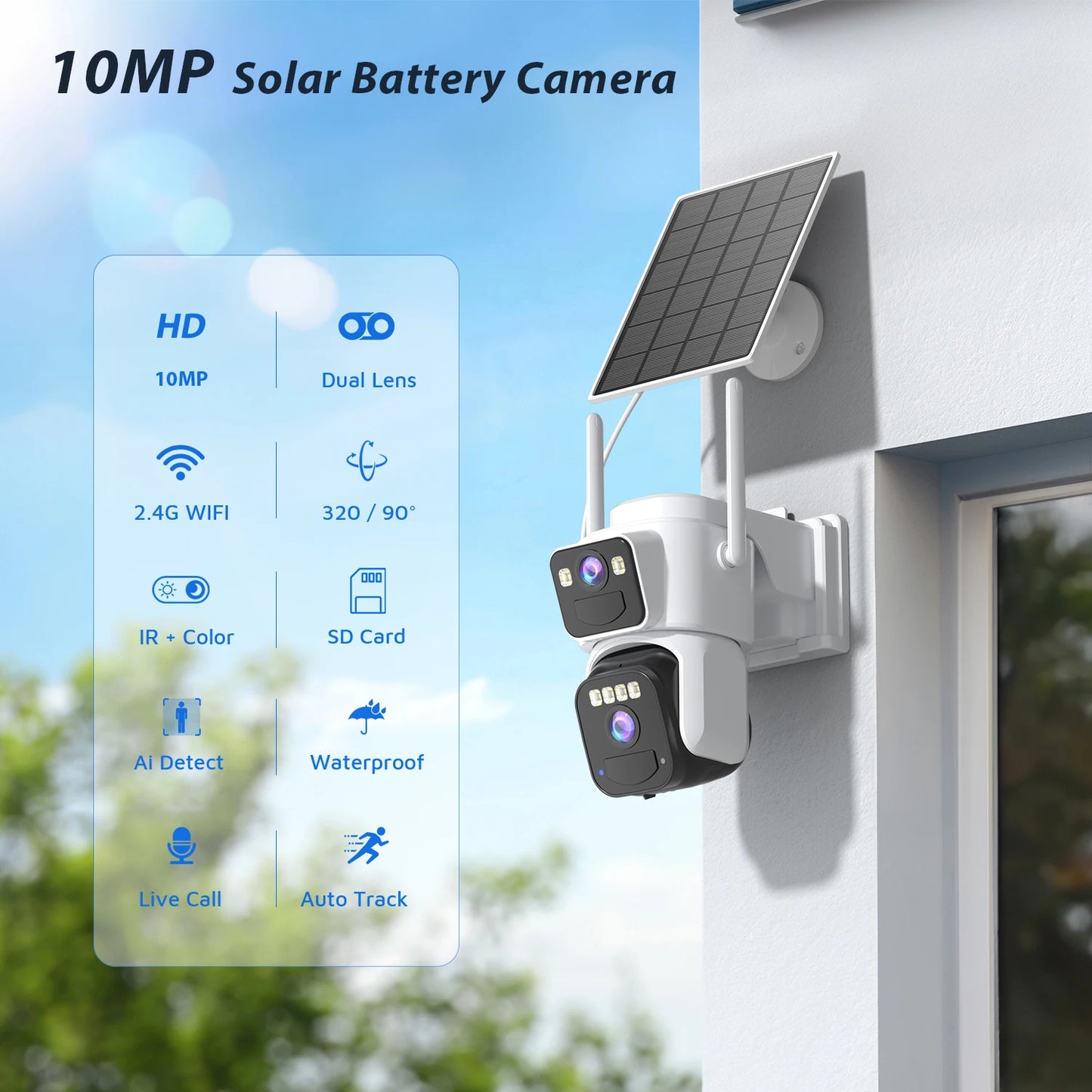 Cámara de seguridad exterior inalámbrica WiFi solar de 10 MP y 5K con doble lente, doble pantalla, seguimiento automático y zoom digital 5X. Incluye doble lente y doble pantalla.