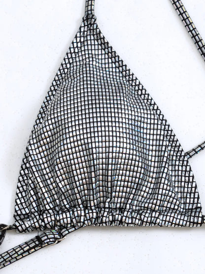 Bikini brasileño triangular plateado brillante con efecto push up para mujer, traje de baño sexy con tangas y cuello halter con cordones.