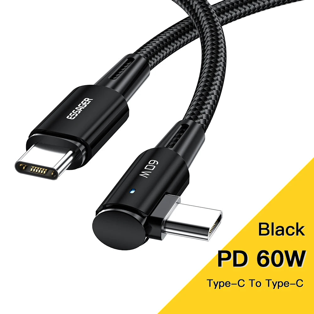 Cable USB tipo C a USB tipo C Essager de 100 W con ángulo de 90 grados para iPad, MacBook Pro, Xiaomi, Samsung y Huawei, carga rápida tipo C.