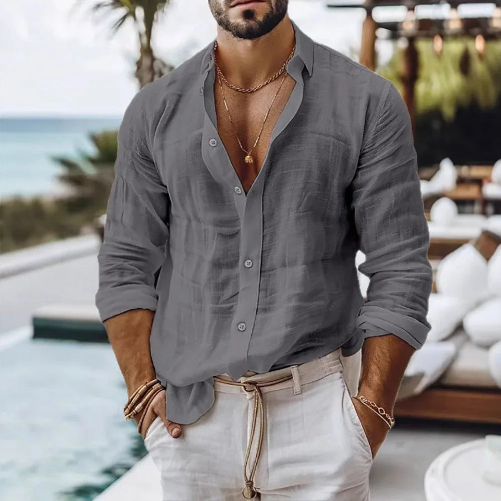 Camisa de lino y algodón para hombre, estilo playero veraniego, color liso, un solo botón, transpirable, ligera y elegante.