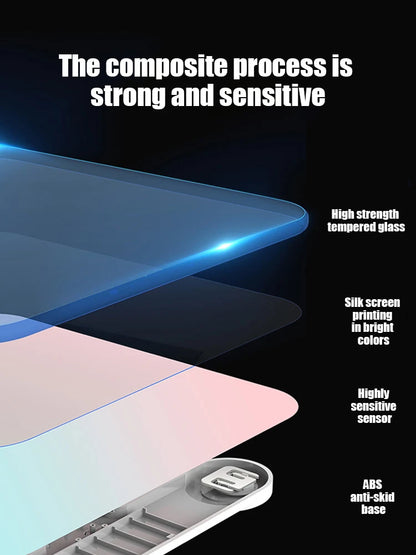 Báscula digital de baño con 7 estilos, pantalla LCD inteligente, alta resistencia y función de temperatura para el control del peso.